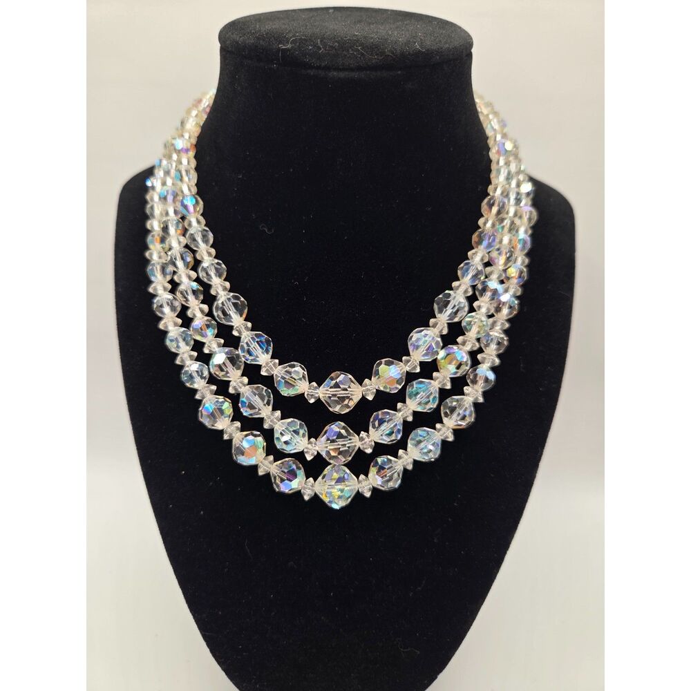 1766. Vintage Triple Strand of Aurora Borealis Glass Beads Necklace